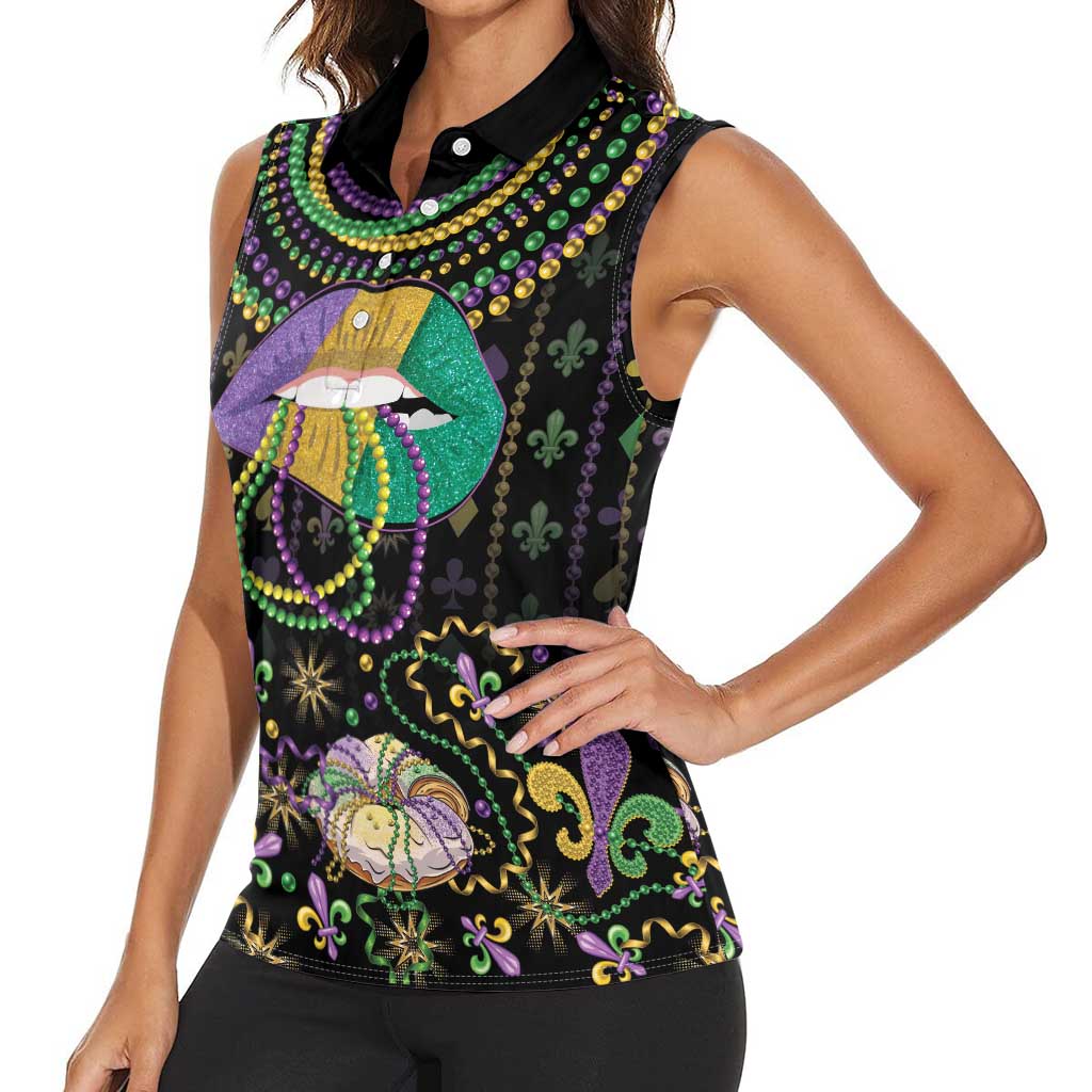 Mardi Gras Lips Queen Beads Women Sleeveless Polo Shirt - Wonder Print Shop