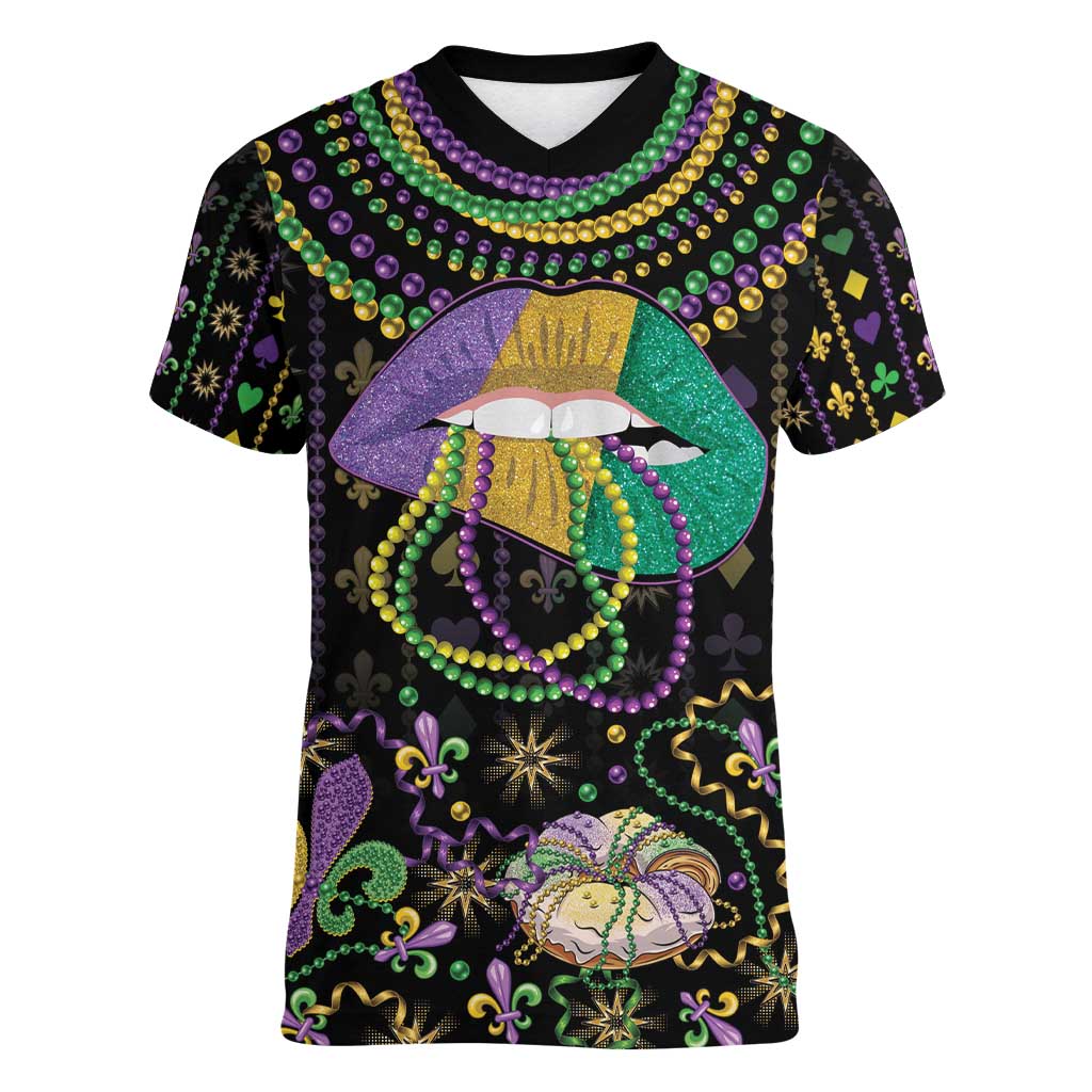 Mardi Gras Lips Queen Beads Women V-Neck T-Shirt - Wonder Print Shop