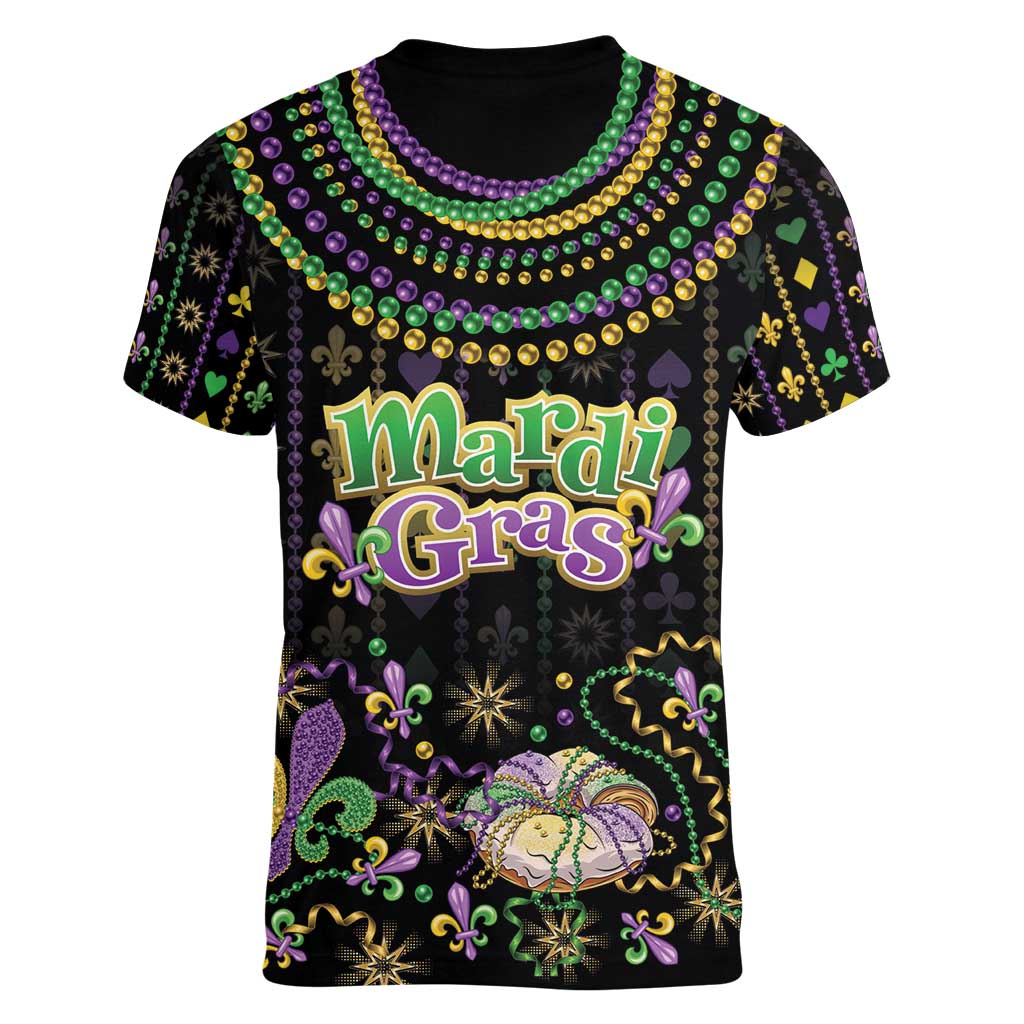 Mardi Gras Lips Queen Beads Women V-Neck T-Shirt - Wonder Print Shop