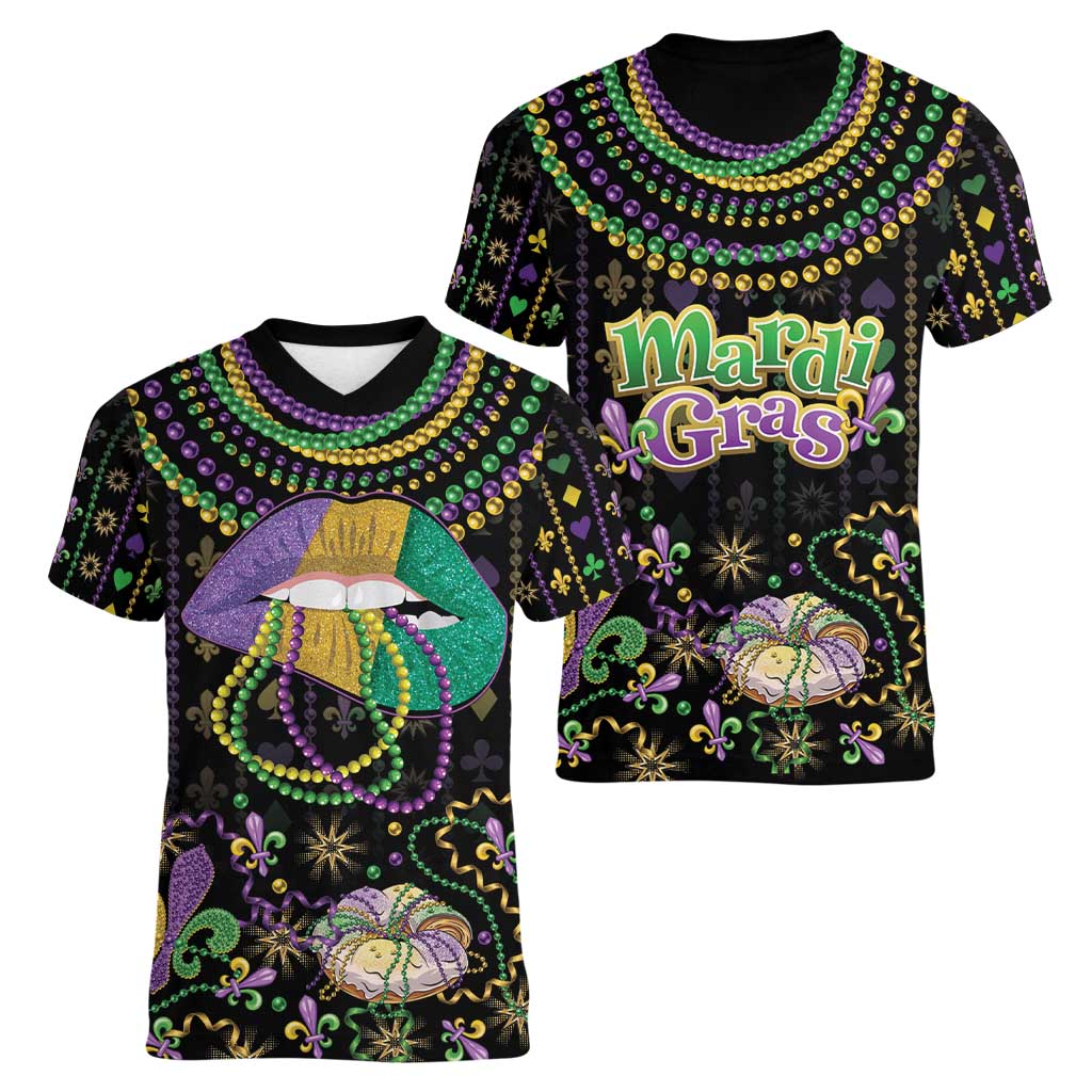 Mardi Gras Lips Queen Beads Women V-Neck T-Shirt - Wonder Print Shop