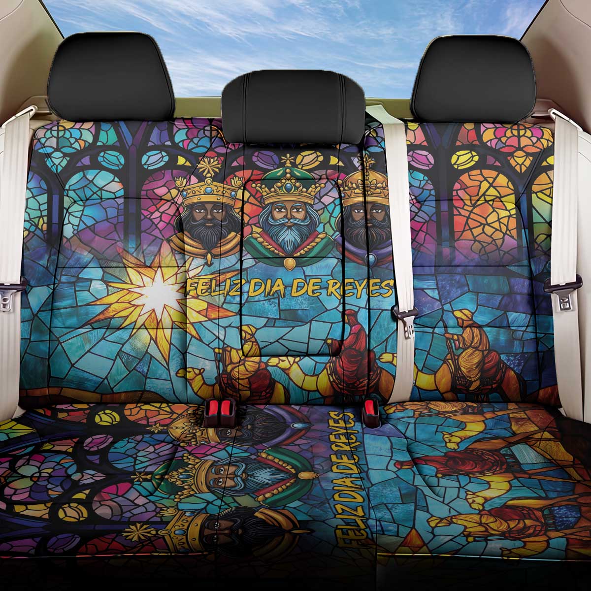 Epiphany Three Kings Day Back Car Seat Cover Stained Glass Window Style