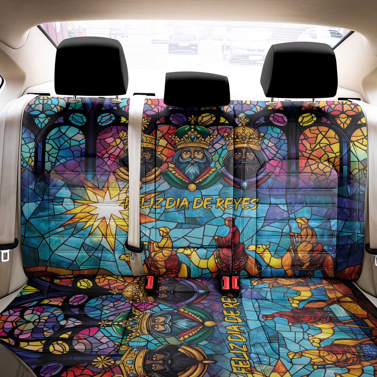 Epiphany Three Kings Day Back Car Seat Cover Stained Glass Window Style