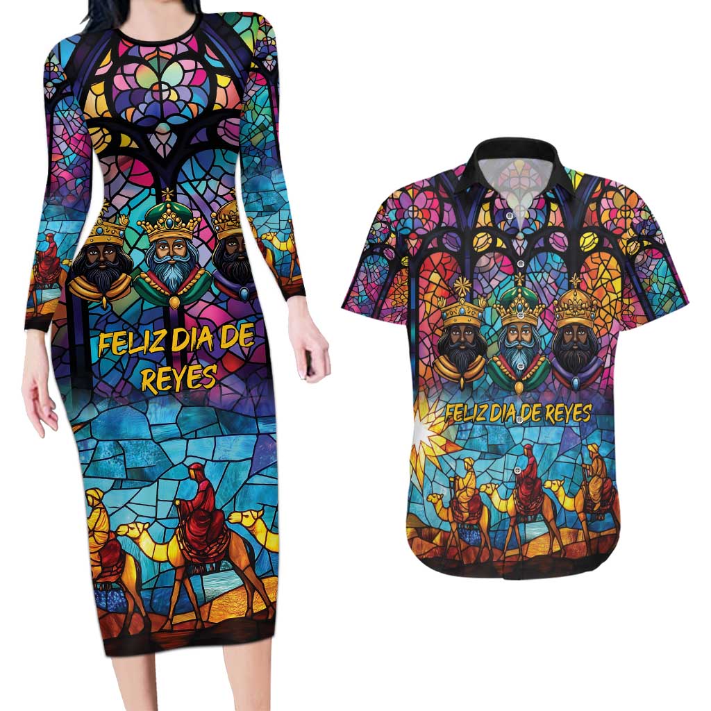 Epiphany Three Kings Day Couples Matching Long Sleeve Bodycon Dress and Hawaiian Shirt Stained Glass Window Style