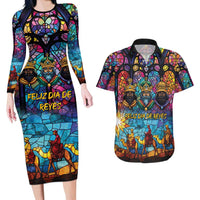 Epiphany Three Kings Day Couples Matching Long Sleeve Bodycon Dress and Hawaiian Shirt Stained Glass Window Style