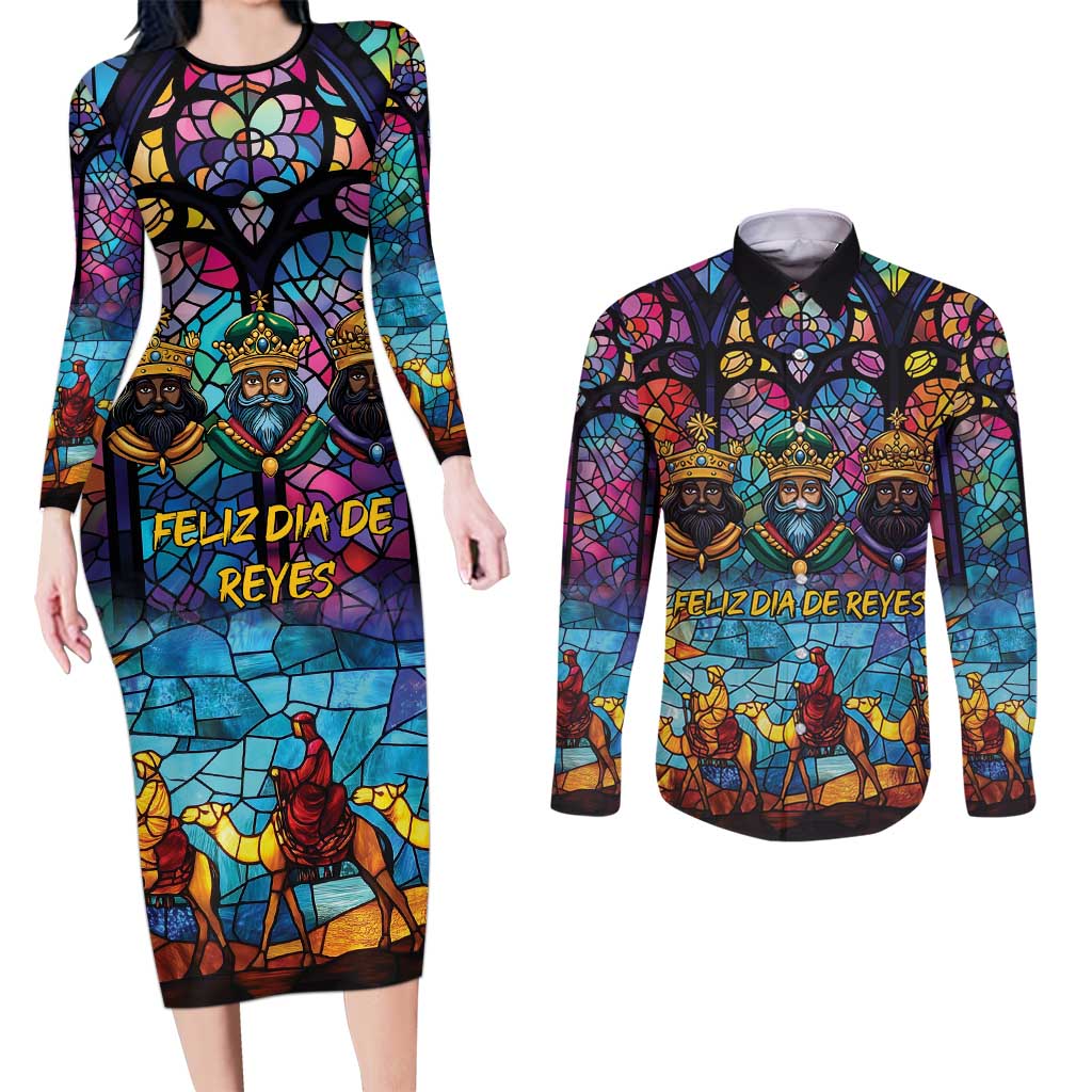 Epiphany Three Kings Day Couples Matching Long Sleeve Bodycon Dress and Long Sleeve Button Shirt Stained Glass Window Style