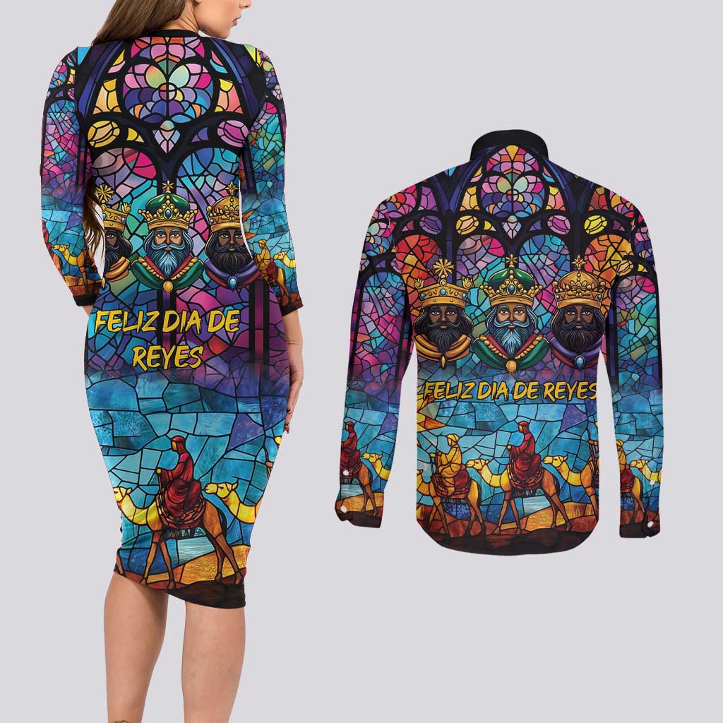 Epiphany Three Kings Day Couples Matching Long Sleeve Bodycon Dress and Long Sleeve Button Shirt Stained Glass Window Style