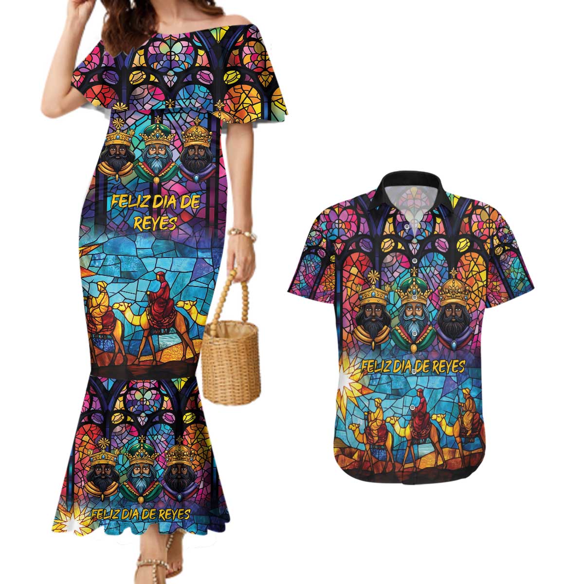 Epiphany Three Kings Day Couples Matching Mermaid Dress and Hawaiian Shirt Stained Glass Window Style