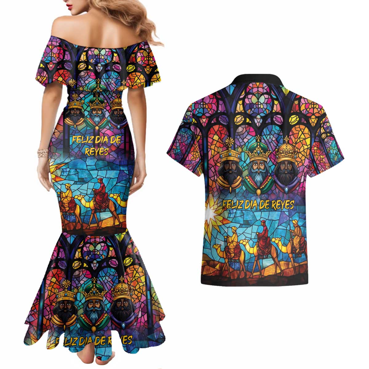 Epiphany Three Kings Day Couples Matching Mermaid Dress and Hawaiian Shirt Stained Glass Window Style