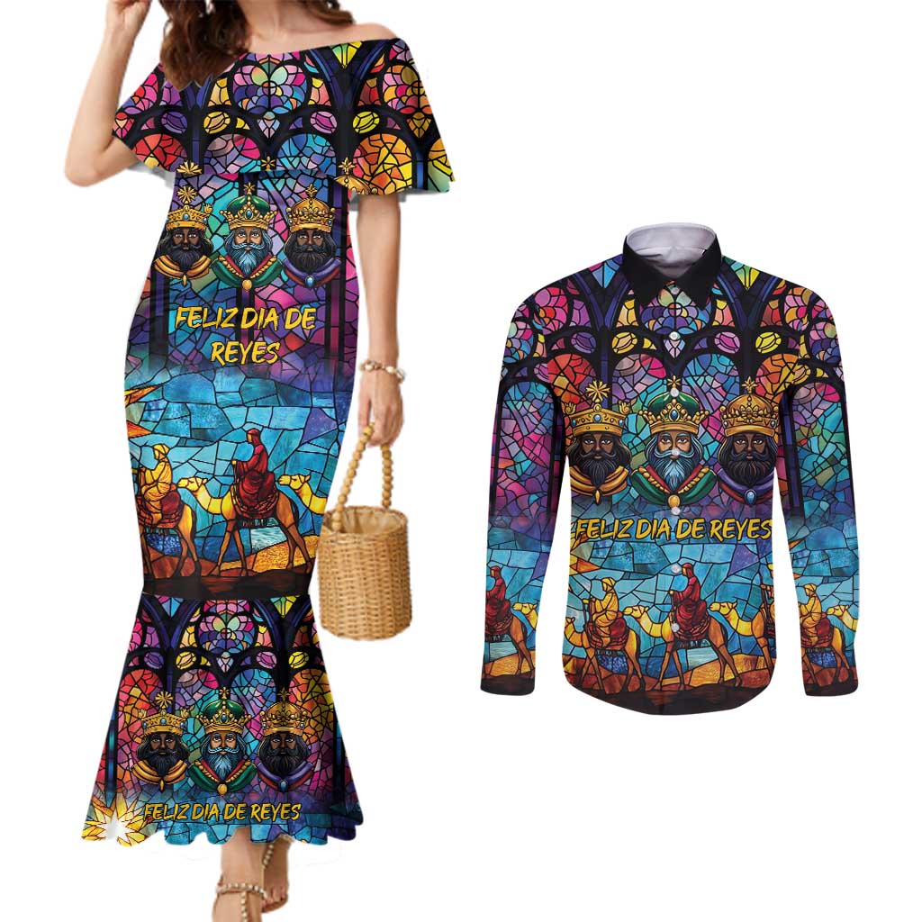 Epiphany Three Kings Day Couples Matching Mermaid Dress and Long Sleeve Button Shirt Stained Glass Window Style
