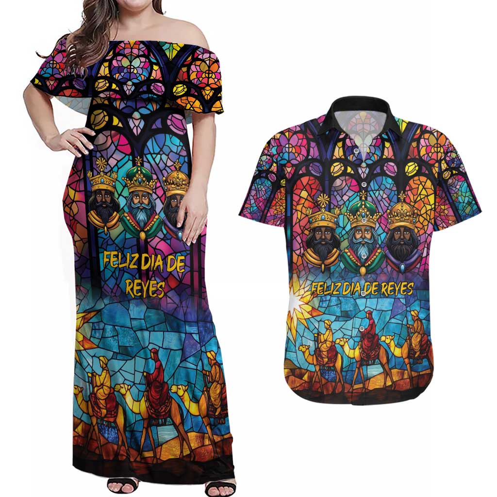 Epiphany Three Kings Day Couples Matching Off Shoulder Maxi Dress and Hawaiian Shirt Stained Glass Window Style