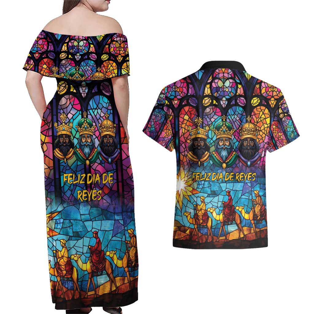 Epiphany Three Kings Day Couples Matching Off Shoulder Maxi Dress and Hawaiian Shirt Stained Glass Window Style