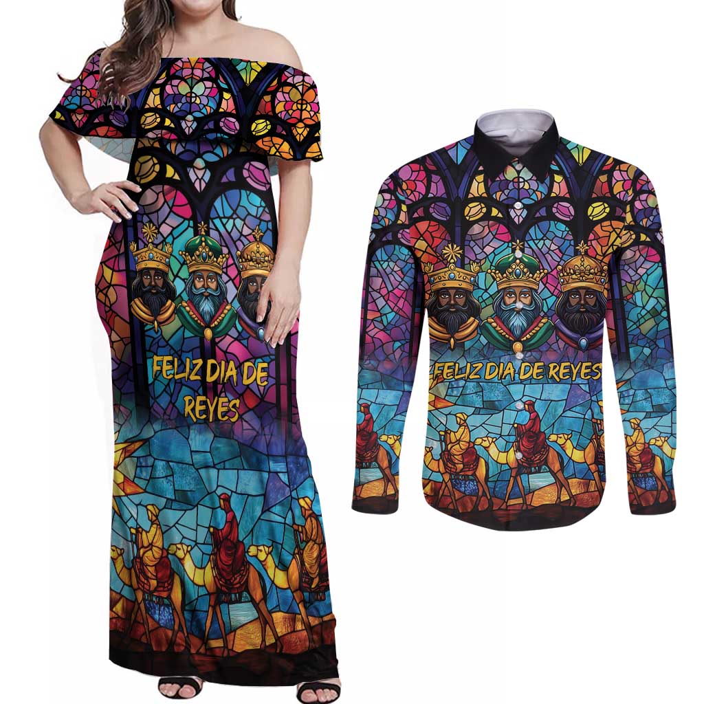 Epiphany Three Kings Day Couples Matching Off Shoulder Maxi Dress and Long Sleeve Button Shirt Stained Glass Window Style
