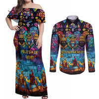 Epiphany Three Kings Day Couples Matching Off Shoulder Maxi Dress and Long Sleeve Button Shirt Stained Glass Window Style
