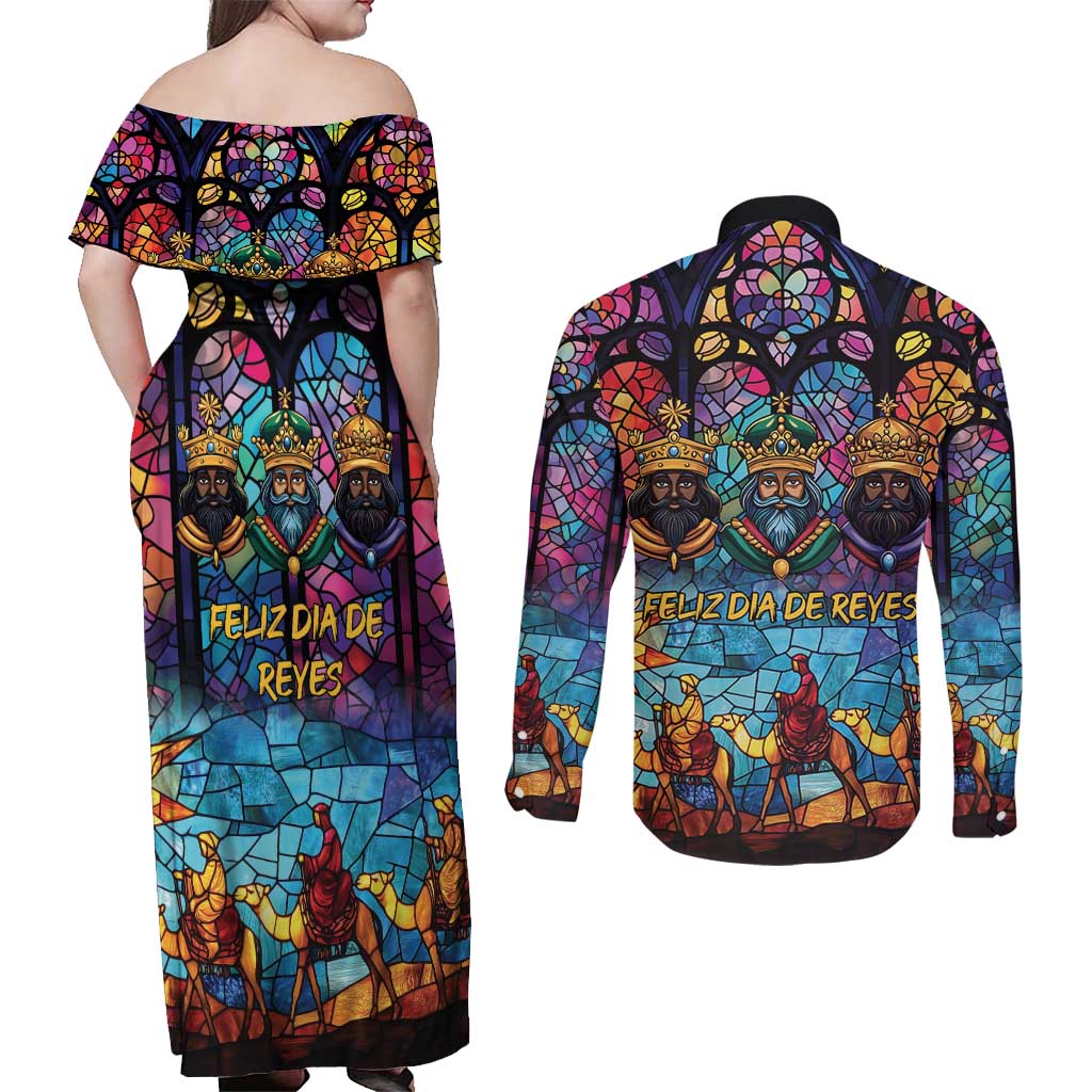 Epiphany Three Kings Day Couples Matching Off Shoulder Maxi Dress and Long Sleeve Button Shirt Stained Glass Window Style