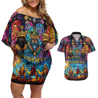 Epiphany Three Kings Day Couples Matching Off Shoulder Short Dress and Hawaiian Shirt Stained Glass Window Style