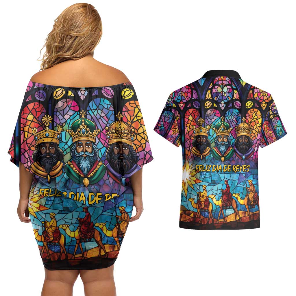 Epiphany Three Kings Day Couples Matching Off Shoulder Short Dress and Hawaiian Shirt Stained Glass Window Style