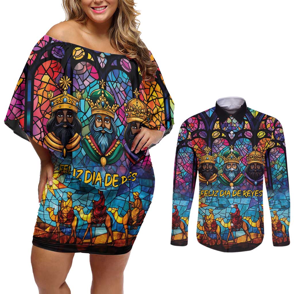 Epiphany Three Kings Day Couples Matching Off Shoulder Short Dress and Long Sleeve Button Shirt Stained Glass Window Style