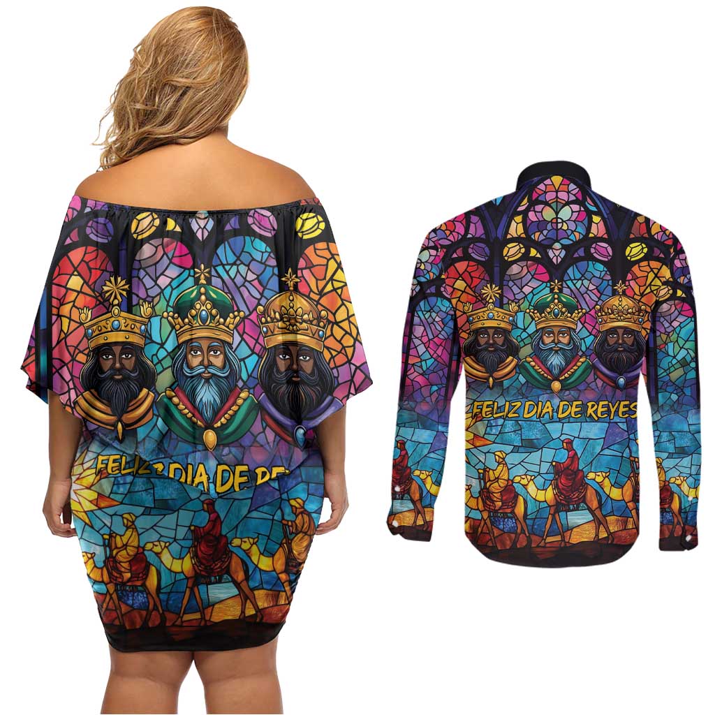 Epiphany Three Kings Day Couples Matching Off Shoulder Short Dress and Long Sleeve Button Shirt Stained Glass Window Style