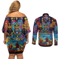Epiphany Three Kings Day Couples Matching Off Shoulder Short Dress and Long Sleeve Button Shirt Stained Glass Window Style