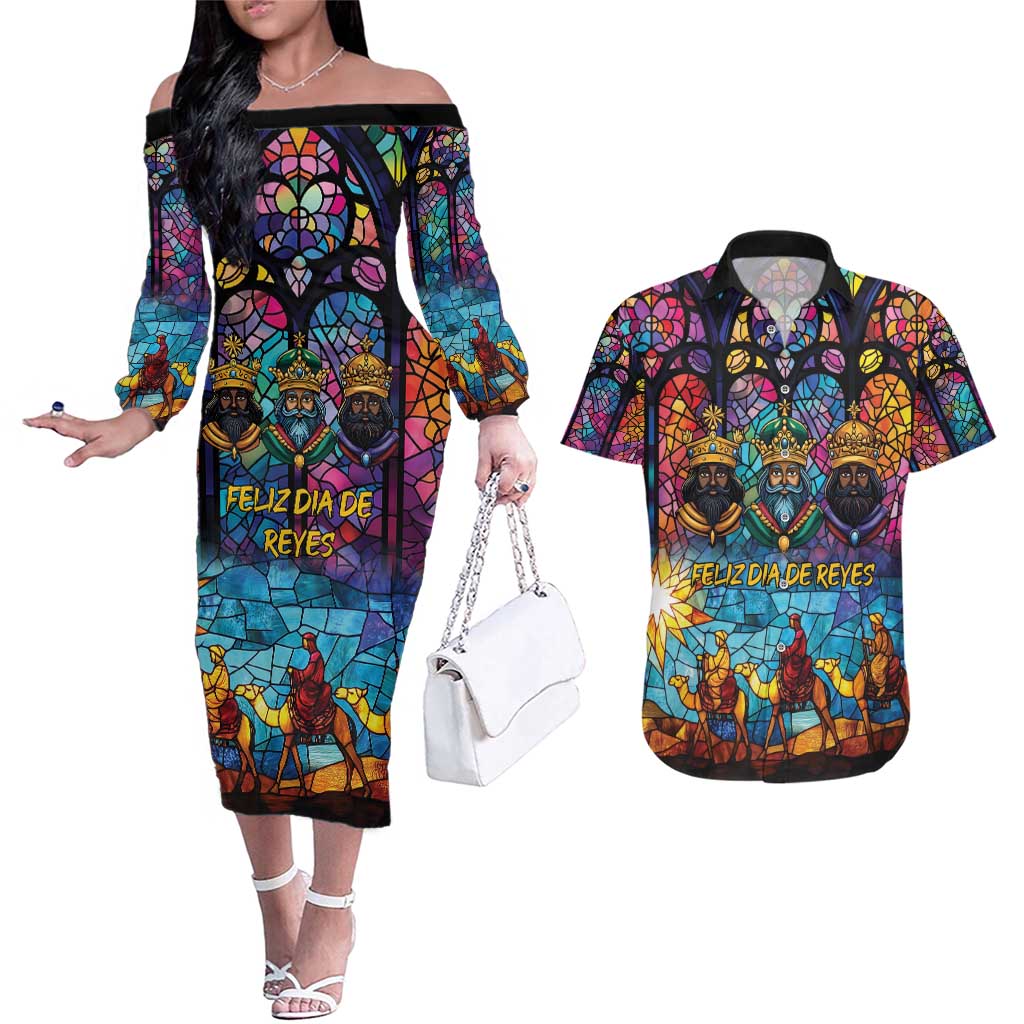 Epiphany Three Kings Day Couples Matching Off The Shoulder Long Sleeve Dress and Hawaiian Shirt Stained Glass Window Style