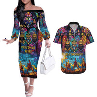 Epiphany Three Kings Day Couples Matching Off The Shoulder Long Sleeve Dress and Hawaiian Shirt Stained Glass Window Style