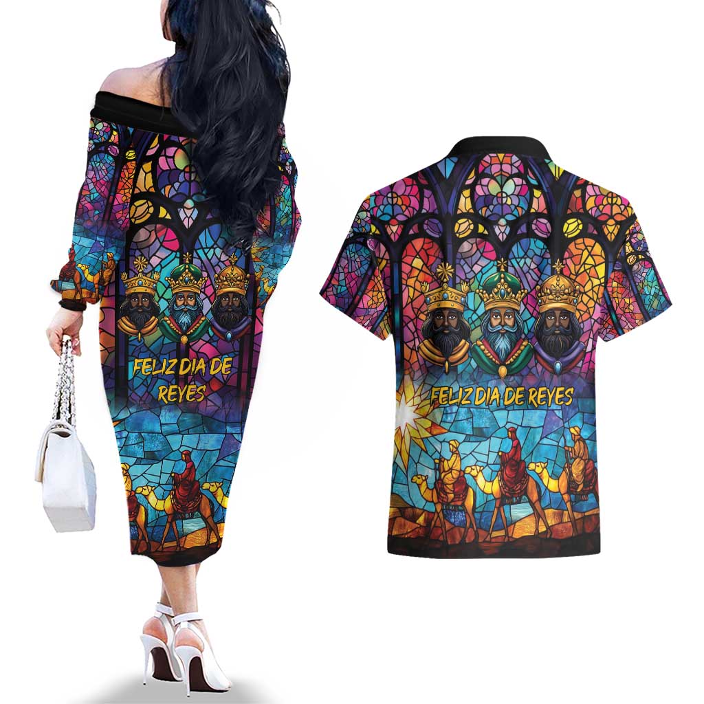 Epiphany Three Kings Day Couples Matching Off The Shoulder Long Sleeve Dress and Hawaiian Shirt Stained Glass Window Style