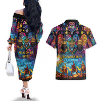 Epiphany Three Kings Day Couples Matching Off The Shoulder Long Sleeve Dress and Hawaiian Shirt Stained Glass Window Style