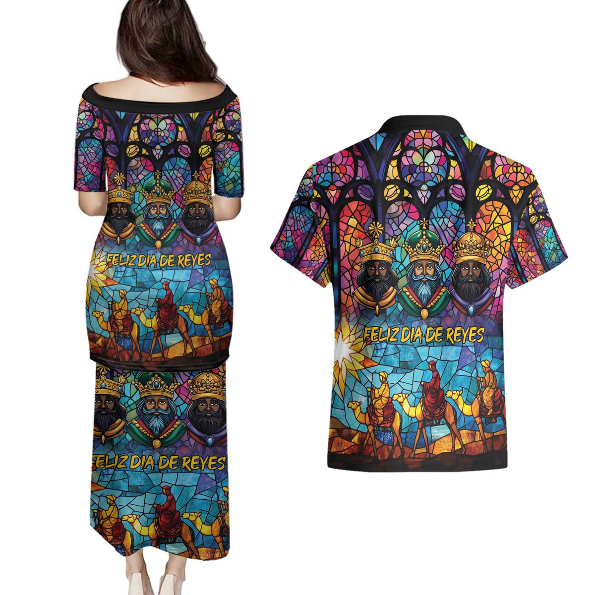 Epiphany Three Kings Day Couples Matching Puletasi and Hawaiian Shirt Stained Glass Window Style