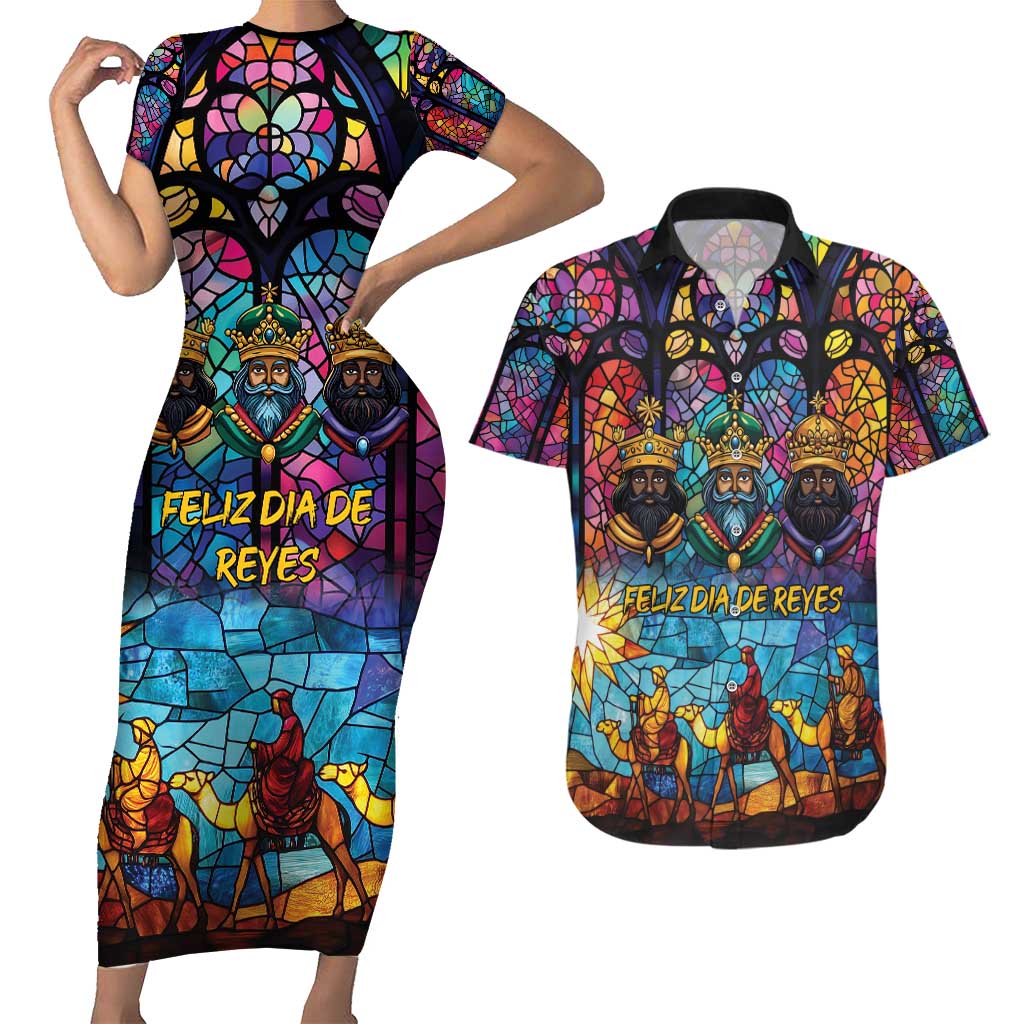 Epiphany Three Kings Day Couples Matching Short Sleeve Bodycon Dress and Hawaiian Shirt Stained Glass Window Style