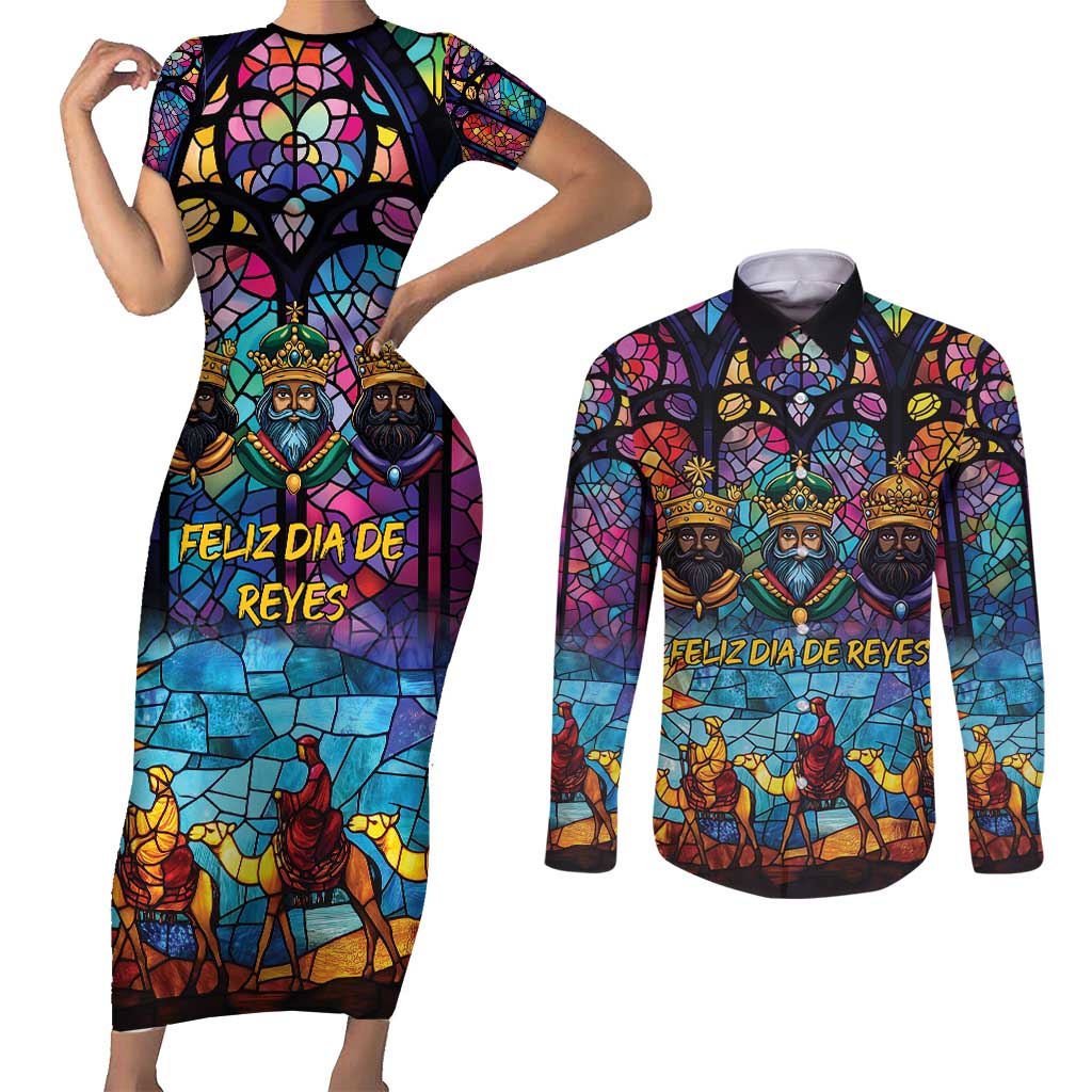 Epiphany Three Kings Day Couples Matching Short Sleeve Bodycon Dress and Long Sleeve Button Shirt Stained Glass Window Style
