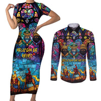 Epiphany Three Kings Day Couples Matching Short Sleeve Bodycon Dress and Long Sleeve Button Shirt Stained Glass Window Style