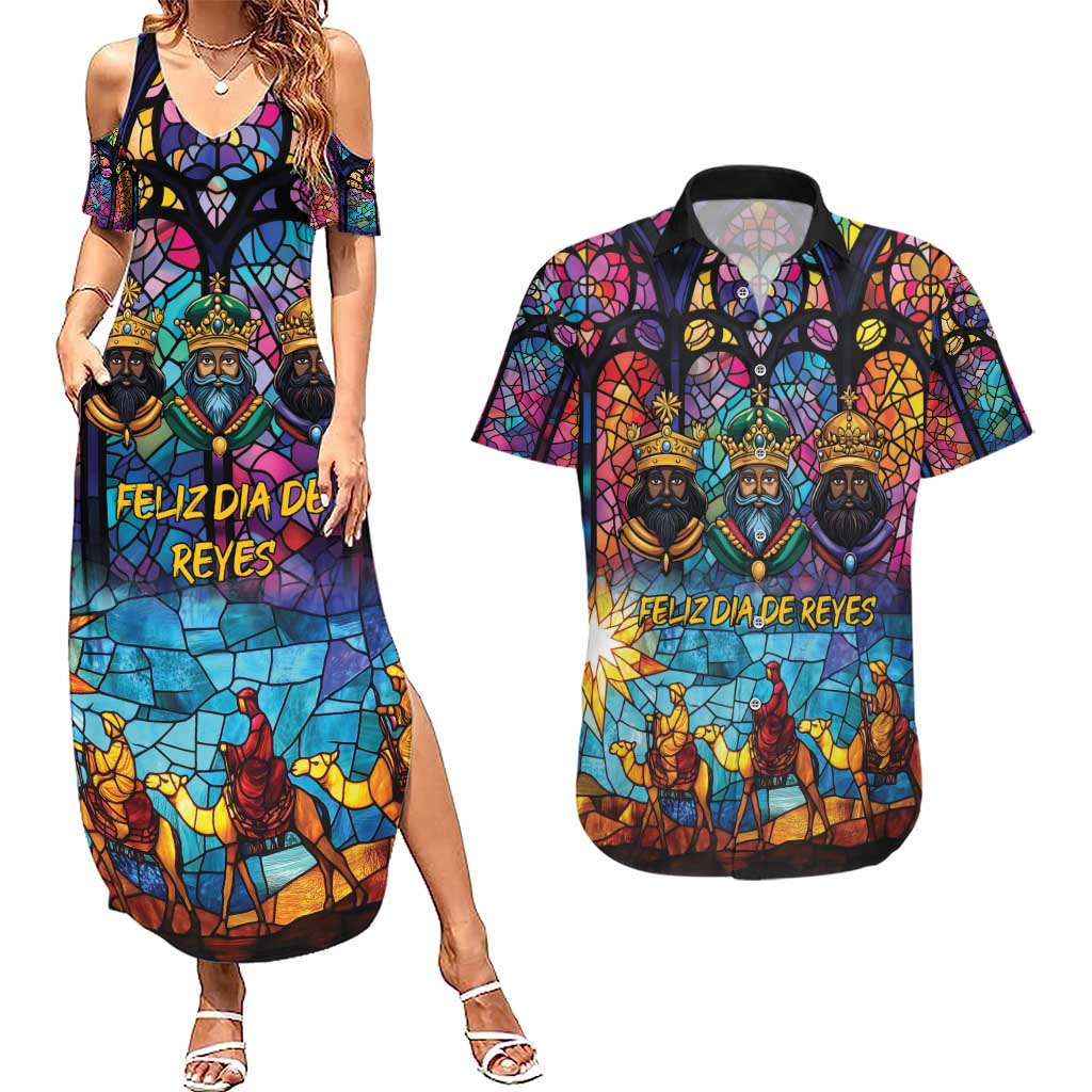 Epiphany Three Kings Day Couples Matching Summer Maxi Dress and Hawaiian Shirt Stained Glass Window Style