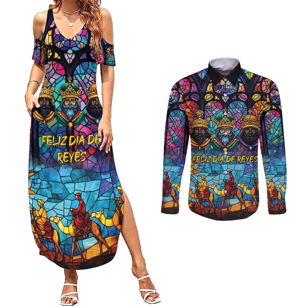 Epiphany Three Kings Day Couples Matching Summer Maxi Dress and Long Sleeve Button Shirt Stained Glass Window Style