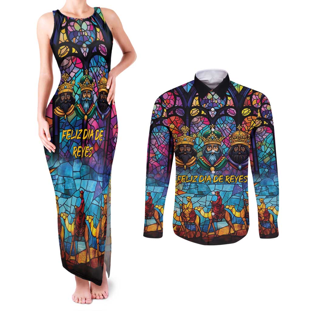 Epiphany Three Kings Day Couples Matching Tank Maxi Dress and Long Sleeve Button Shirt Stained Glass Window Style