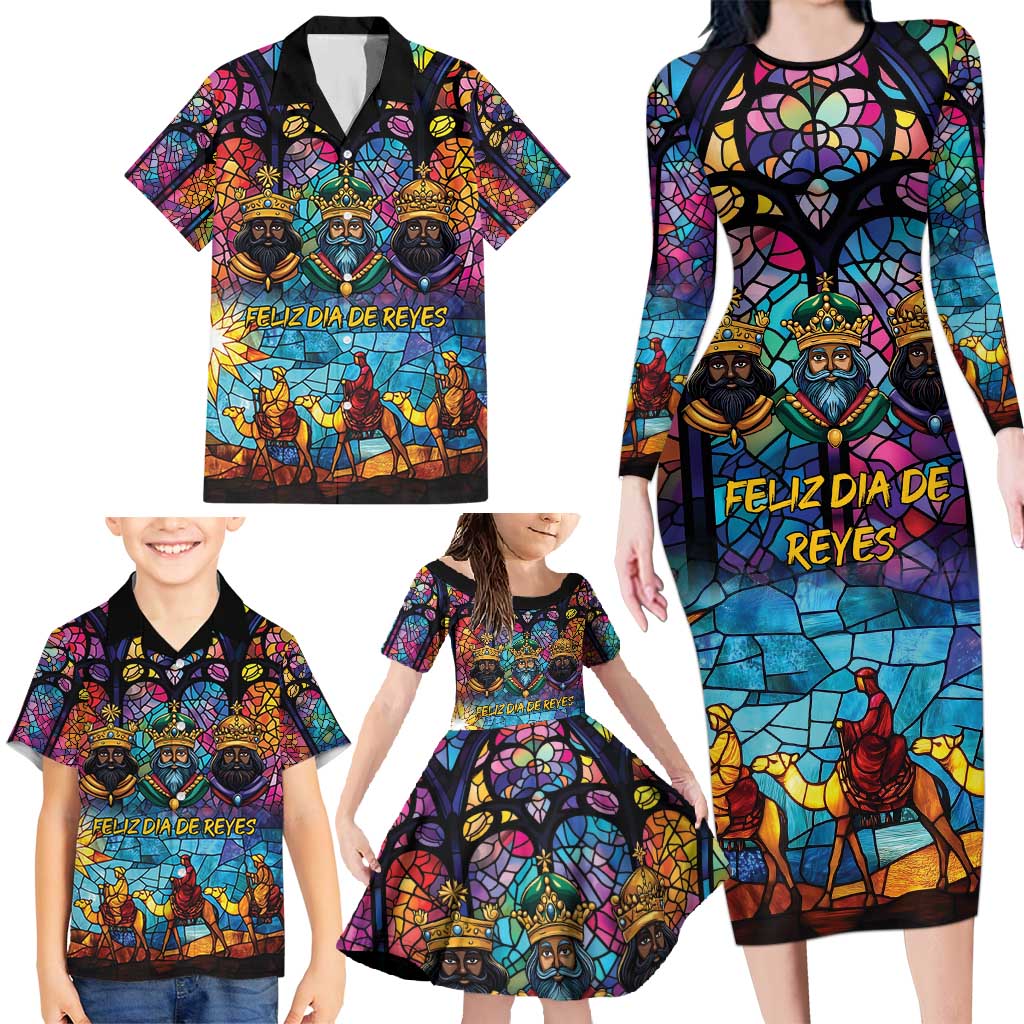 Epiphany Three Kings Day Family Matching Long Sleeve Bodycon Dress and Hawaiian Shirt Stained Glass Window Style
