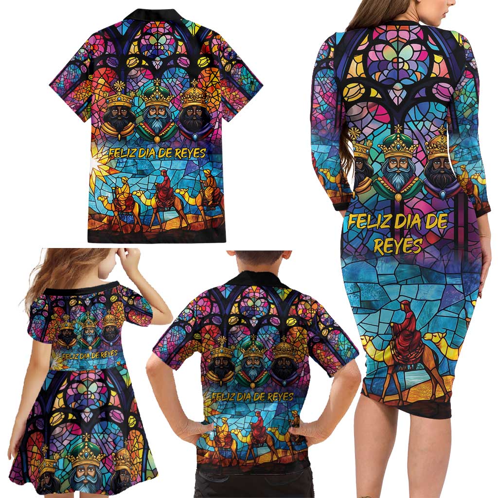 Epiphany Three Kings Day Family Matching Long Sleeve Bodycon Dress and Hawaiian Shirt Stained Glass Window Style