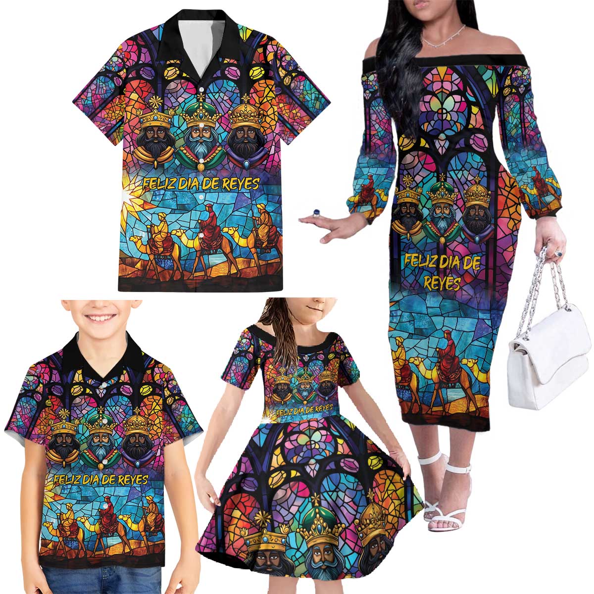 Epiphany Three Kings Day Family Matching Off The Shoulder Long Sleeve Dress and Hawaiian Shirt Stained Glass Window Style