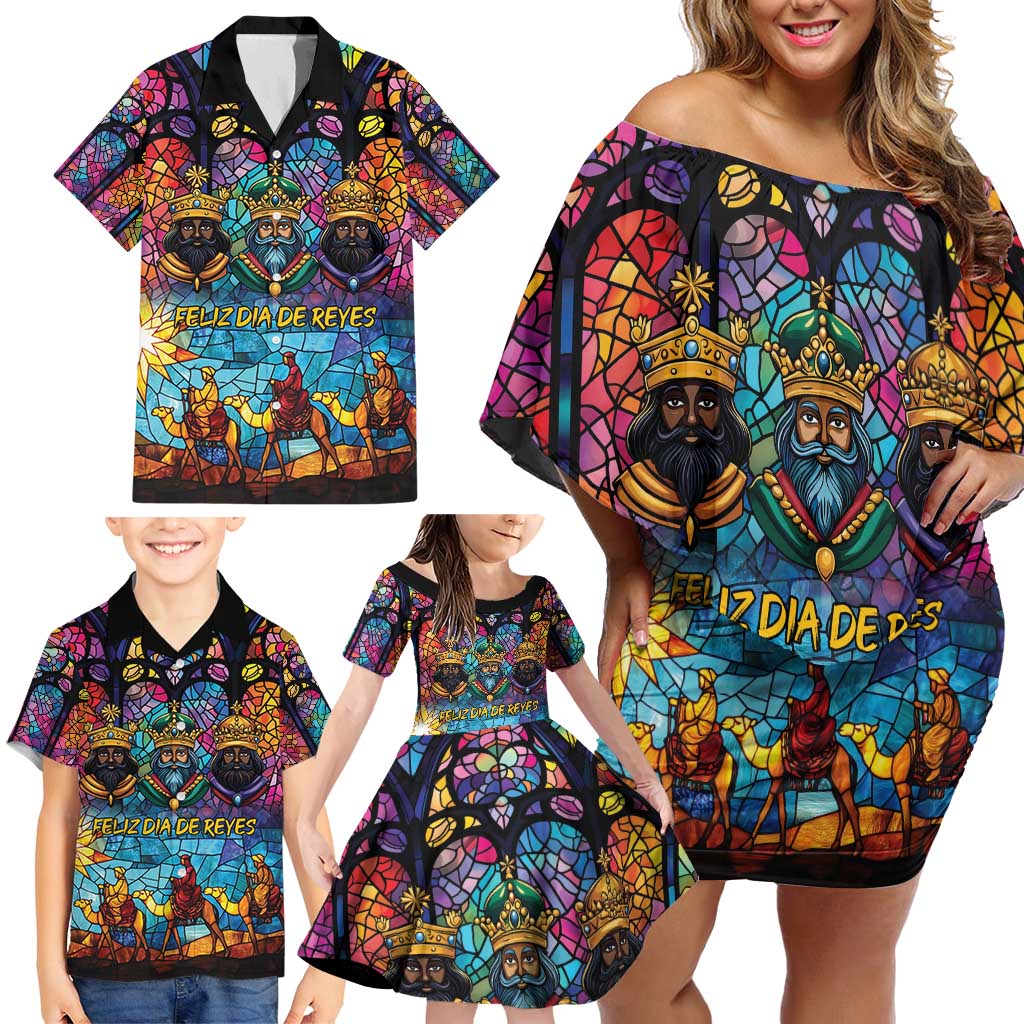 Epiphany Three Kings Day Family Matching Off Shoulder Short Dress and Hawaiian Shirt Stained Glass Window Style LT9 - Wonder Print Shop