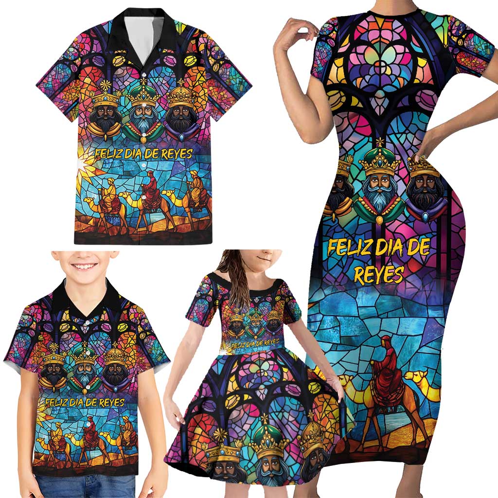 Epiphany Three Kings Day Family Matching Short Sleeve Bodycon Dress and Hawaiian Shirt Stained Glass Window Style - Wonder Print Shop