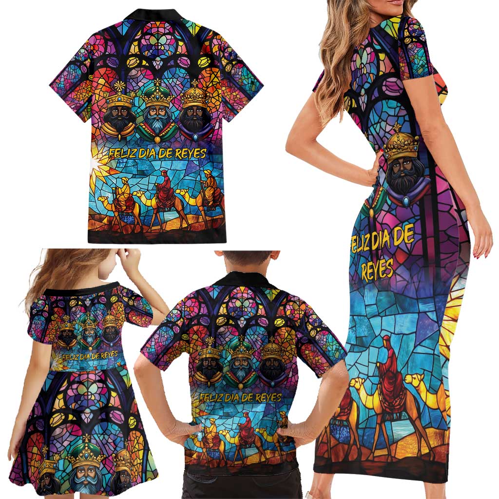 Epiphany Three Kings Day Family Matching Short Sleeve Bodycon Dress and Hawaiian Shirt Stained Glass Window Style - Wonder Print Shop