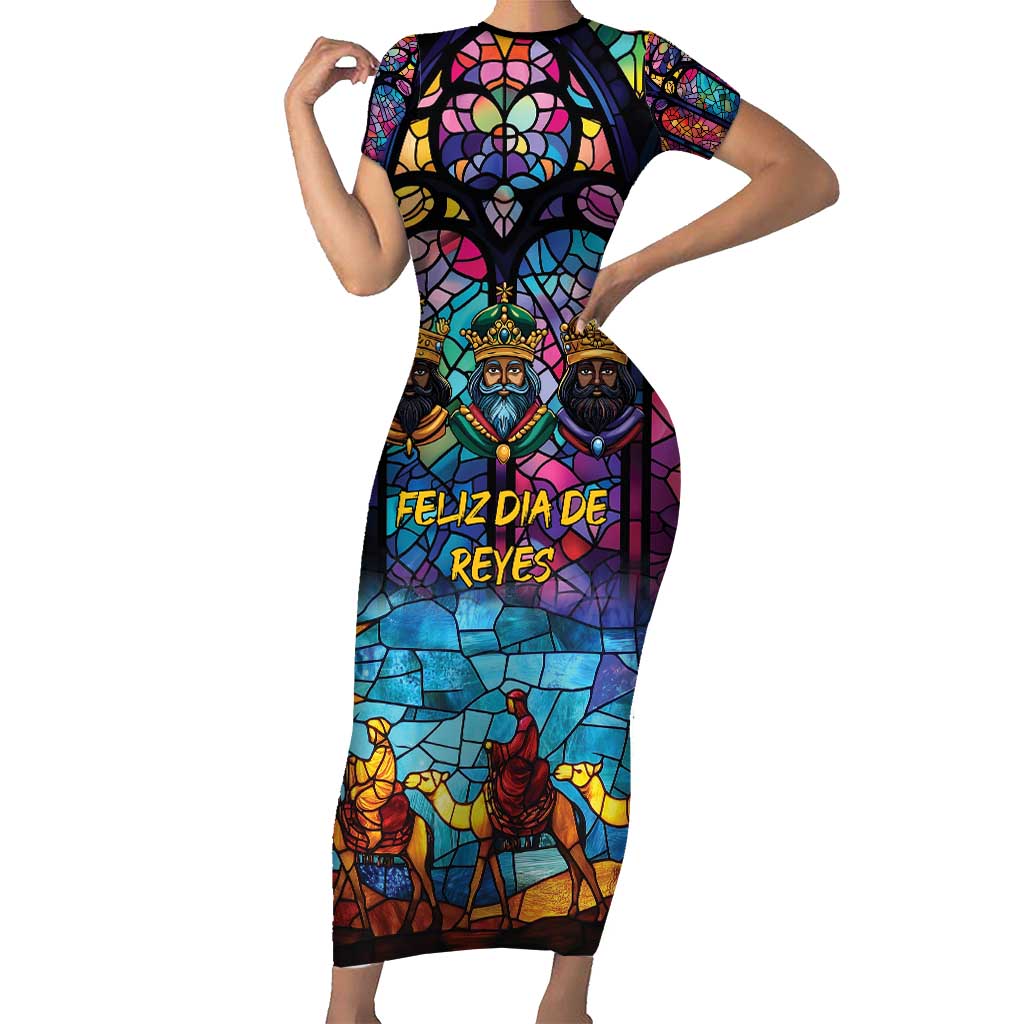 Epiphany Three Kings Day Family Matching Short Sleeve Bodycon Dress and Hawaiian Shirt Stained Glass Window Style - Wonder Print Shop