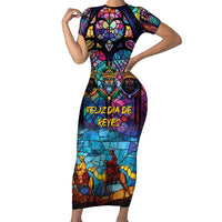 Epiphany Three Kings Day Family Matching Short Sleeve Bodycon Dress and Hawaiian Shirt Stained Glass Window Style - Wonder Print Shop