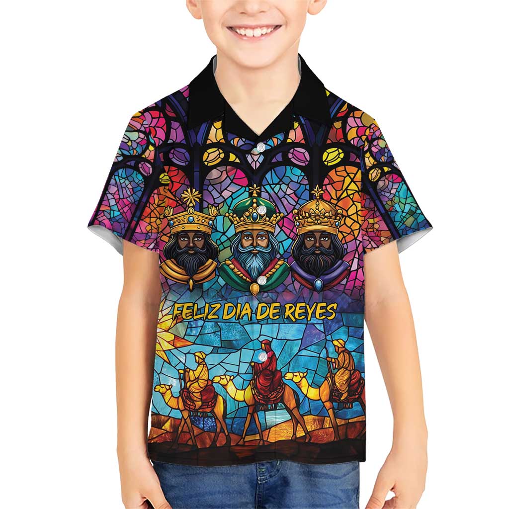 Epiphany Three Kings Day Family Matching Short Sleeve Bodycon Dress and Hawaiian Shirt Stained Glass Window Style - Wonder Print Shop