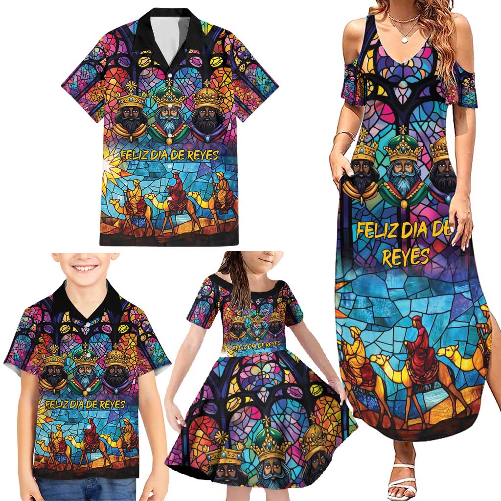 Epiphany Three Kings Day Family Matching Summer Maxi Dress and Hawaiian Shirt Stained Glass Window Style - Wonder Print Shop