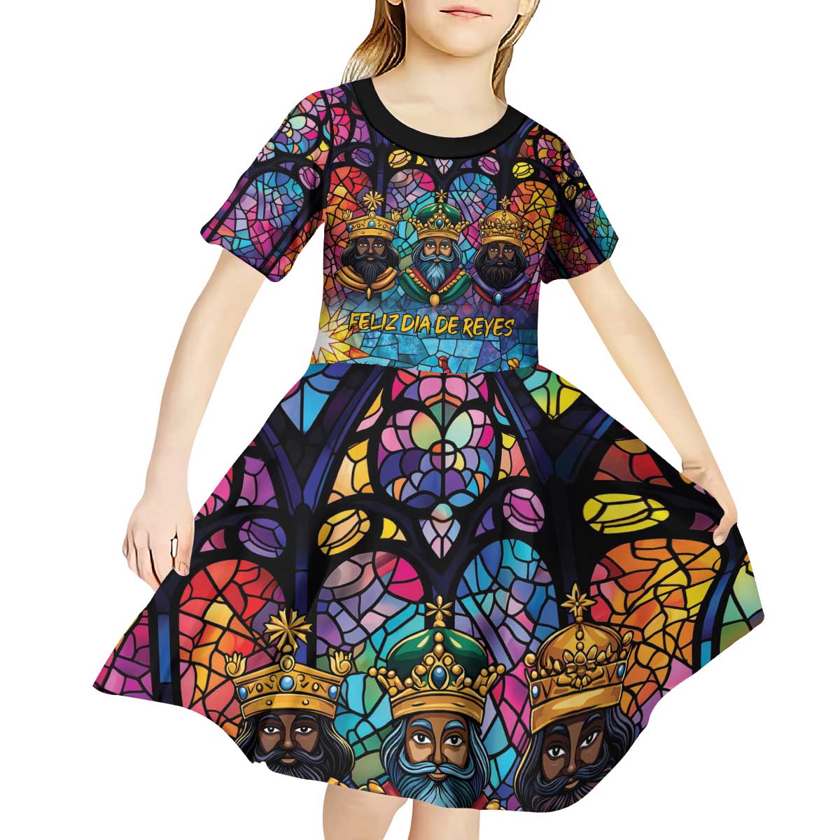 Epiphany Three Kings Day Kid Short Sleeve Dress Stained Glass Window Style - Wonder Print Shop