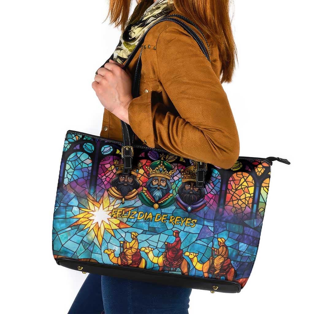 Epiphany Three Kings Day Leather Tote Bag Stained Glass Window Style