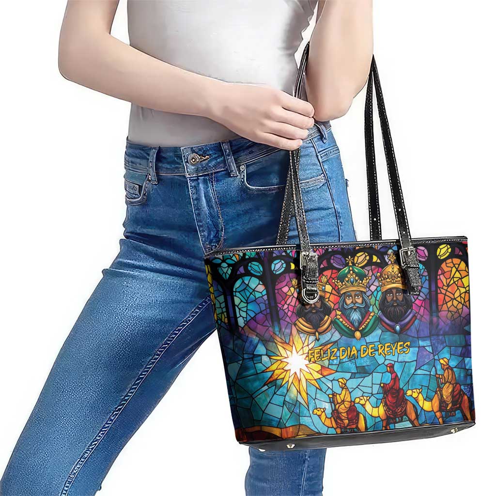 Epiphany Three Kings Day Leather Tote Bag Stained Glass Window Style