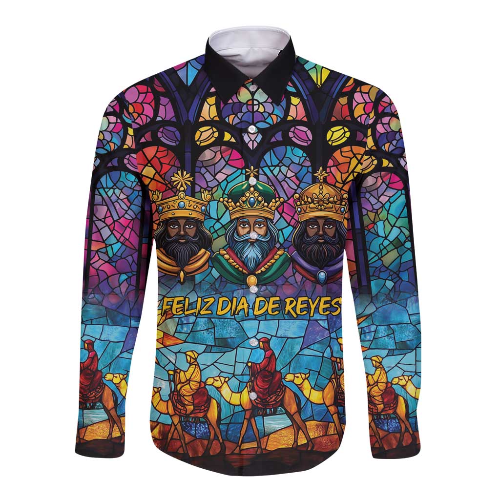 Epiphany Three Kings Day Long Sleeve Button Shirt Stained Glass Window Style