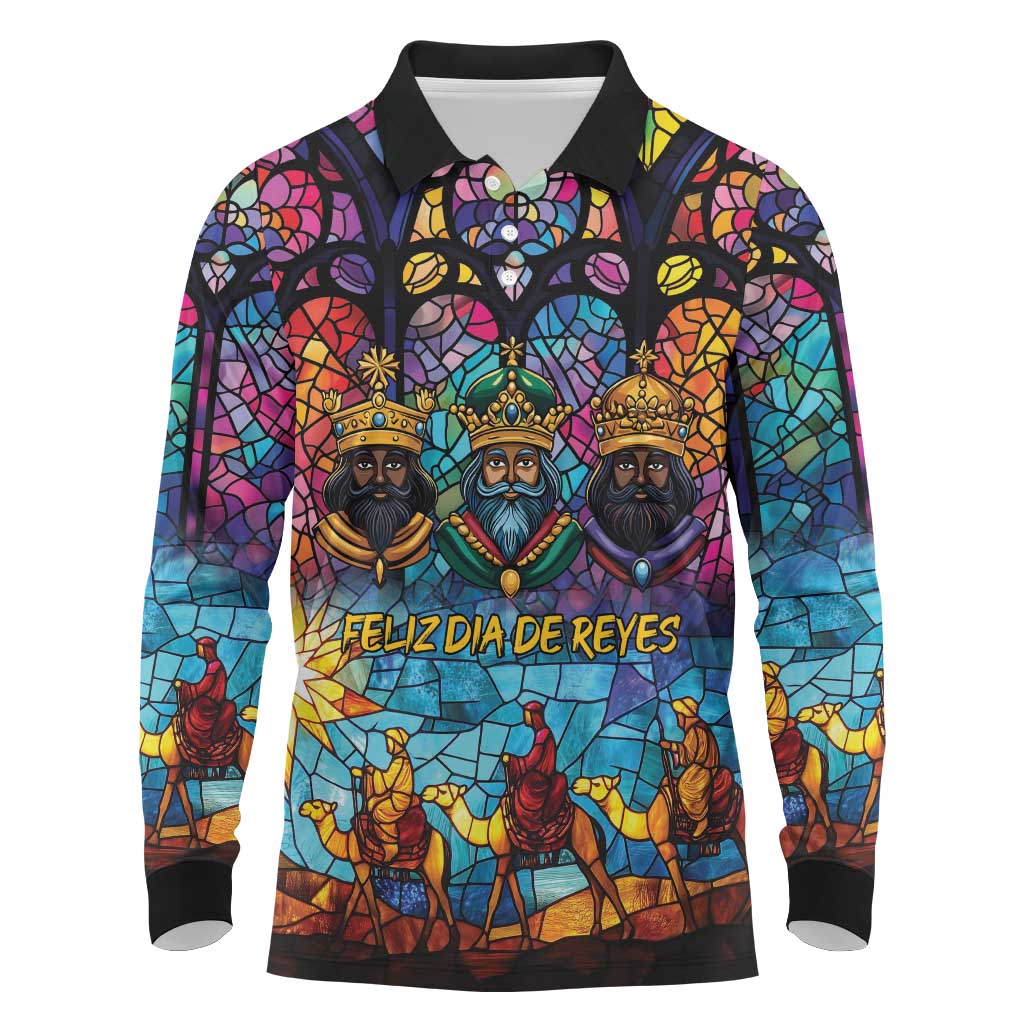 Epiphany Three Kings Day Long Sleeve Polo Shirt Stained Glass Window Style - Wonder Print Shop
