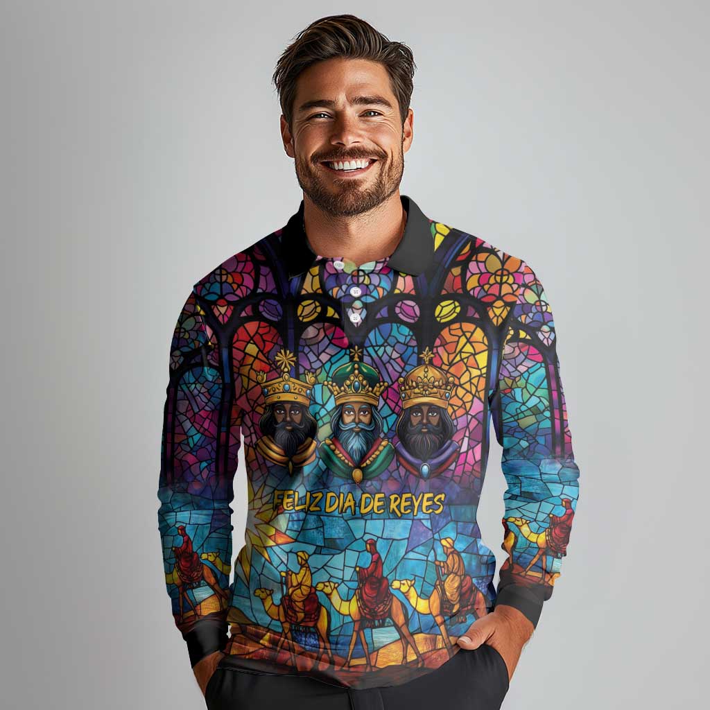 Epiphany Three Kings Day Long Sleeve Polo Shirt Stained Glass Window Style - Wonder Print Shop